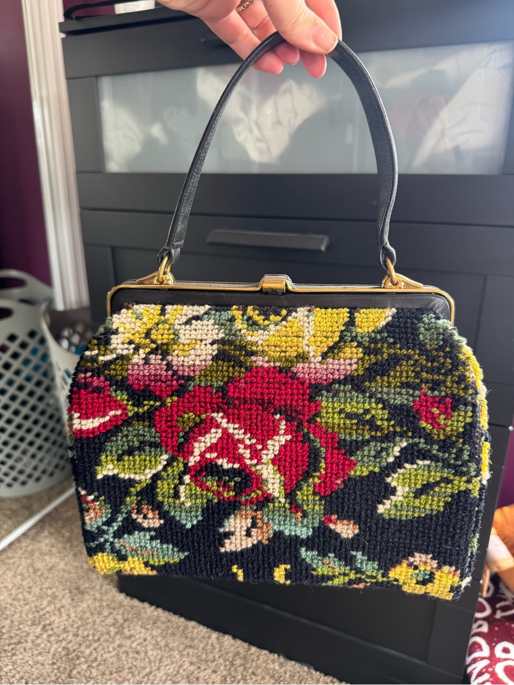 Vintage Floral Needlepoint Handbag in Black, Red & Green
